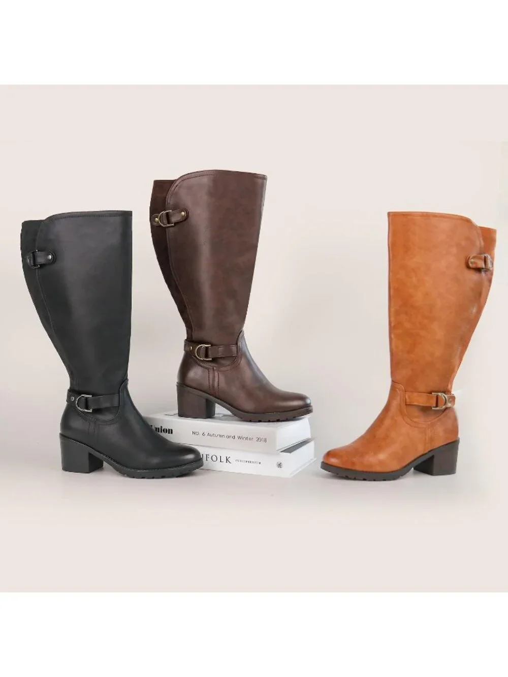Women's Black/Wool Wide Calf Block Heel Decorated Double Buckle Knee High Boots